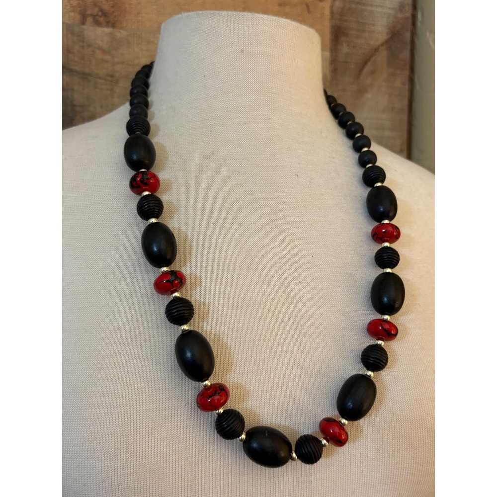 Vintage Black Wood and Red Marbled Bead Chunky Statement Necklace 28 Inch